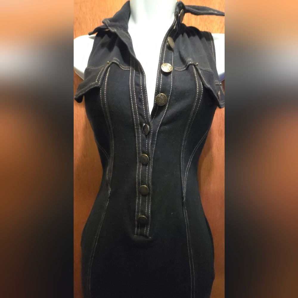 Peep Vintage Denim Look Chic Black Button-Up Stretch Dress SzS - Picture 5 of 10